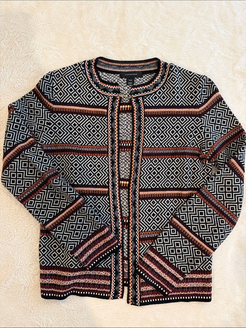 Atmosphere Black Geometric Knit Cardigan with Brown & Cream Stripes